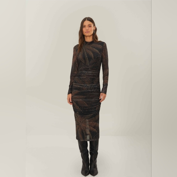 Farm Rio Black Golden Foliage Tulle Midi Dress - Picture 12 of 15